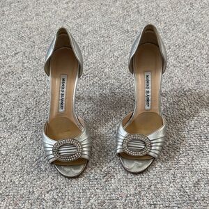 Manolo Blahnik Silver Peep-Toe Heels
